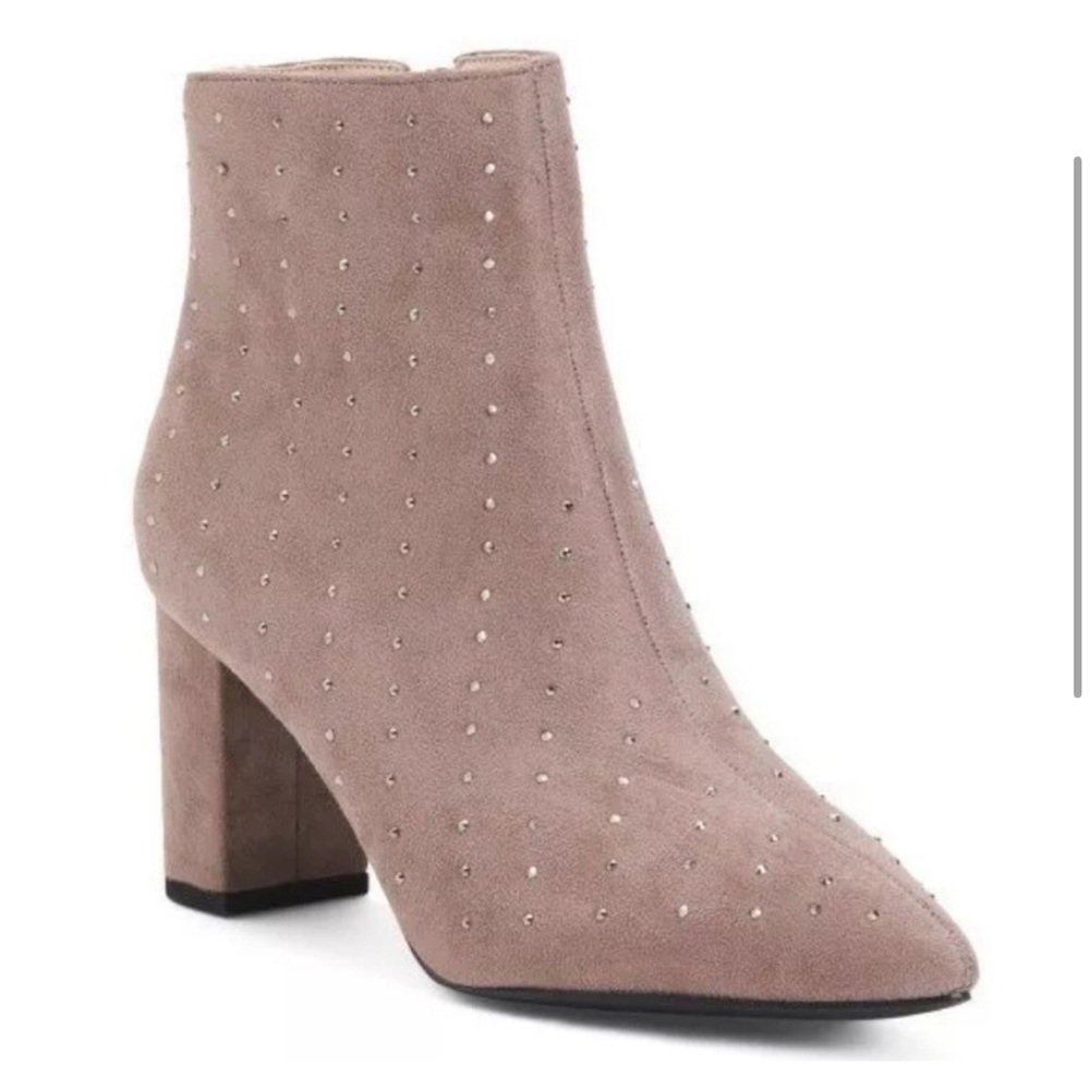 H HALSTON Tokyo Suede Stud Booties in Taupe (8)